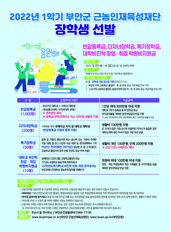 2022년 1학기 부안군 근농인재육성재단 장학생 선발 준비 완료