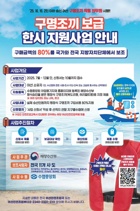 부안해경, ‘어선용 구명조끼’ 구매비 80% 지원